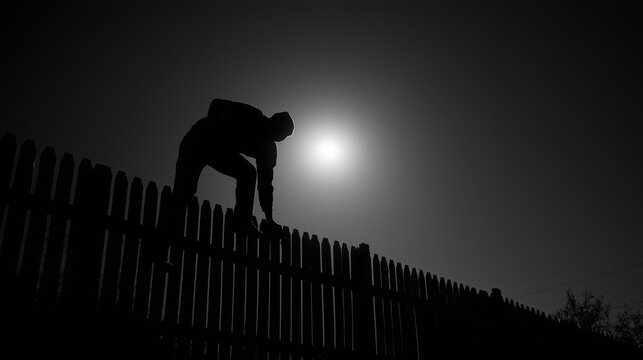 Silhouette of a burglar climbing over a wooden fence at night. Human figure on top of a picket fence against a bright moon or streetlight, outdoor trespassing and crime concept.