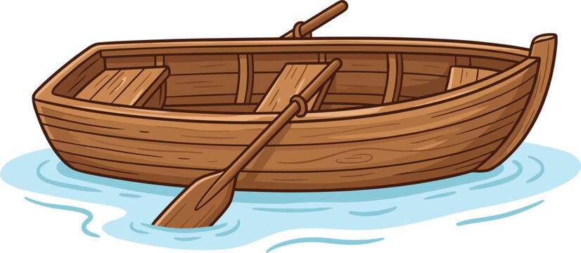 Empty brown wooden rowboat with oars floating on calm blue water vector cartoon illustration isolated on white background