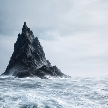Black Volcanic Sea Stack Rising From Rough Arctic Ocean