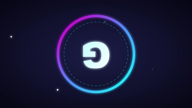 Glowing letter G icon rotating within a vibrant neon circle in this digital animation video footage