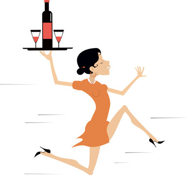 Running woman holding a tray with a bottle and two glasses above the head