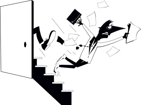 Conflict. Man is given a kick to the buttocks and falls down the stairs