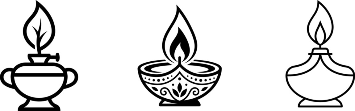 Diwali deepak oil lamp vector icons traditional indian festival of lights diyas