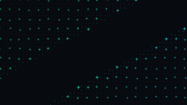 Digital Data Stream Background. A dark background with a diagonal stream of glowing teal plus signs pulsing. Perfect for technology, HUD, and cyber security themes