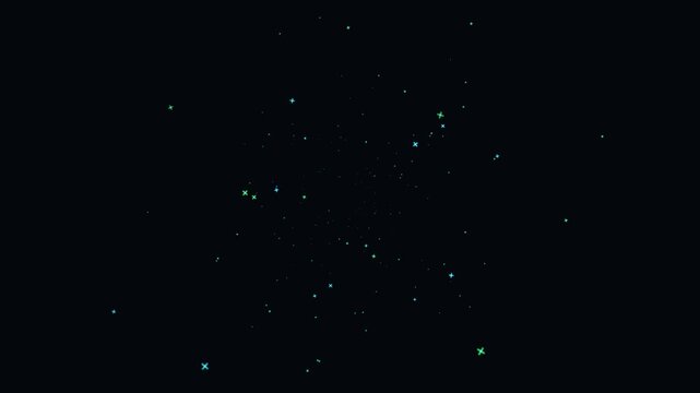 Futuristic Starfield Tunnel. Dark background with glowing neon cross particles flying towards the screen. A high-quality digital motion background perfect for sci-fi, technology, and gaming intros