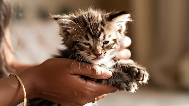 Woman gently holds and cradles a small adorable kitten in her hands indoors