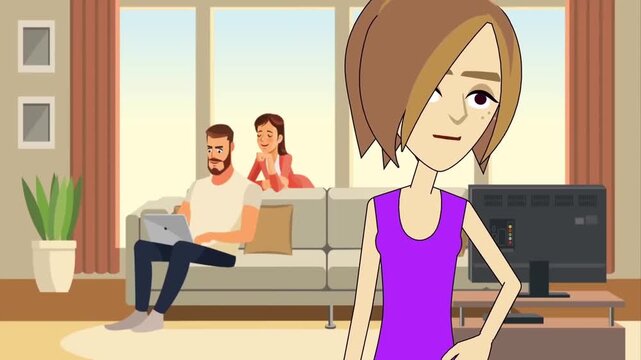 Annoyed Woman Looking Stressed in Living Room with Couple on Couch in Background, Relationship Conflict or Third Wheel, 2D Animation