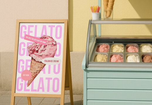 Gelato Shop Mockup With Pastel Ice Cream Display PSD