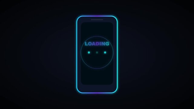 Glowing smartphone screen displaying a digital loading animation with vibrant neon blue light motion effects loop