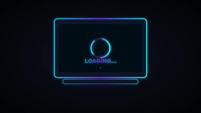 Neon glowing computer monitor display with spinning circular loading icon animation for digital motion video footage