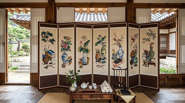 Traditional Painted Folding Screen Displayed in Historic Korean Wooden Room