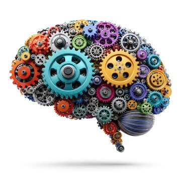 Colorful human brain made of mechanical gears and cogs representing artificial intelligence and creative thinking process