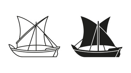 Traditional Boat Icons: A pair of classic sailboat illustrations, one in outline and the other in silhouette, showcasing their unique sail design and seafaring elegance. © Nadim