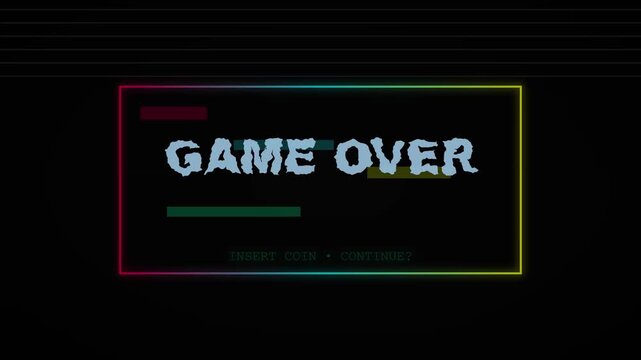Game over text screen with neon border effects in this retro arcade style motion video clip