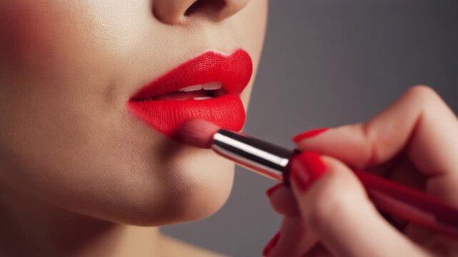 A close-up of lips being painted with vivid red lipstick, applied by a hand holding applicator, nails also painted red, highlighting precision, smooth texture, and bold cosmetic artistry.
