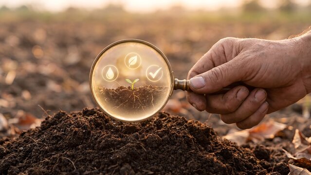 Hand holding a magnifying glass over dark earth revealing a tiny green seedling with roots and water, leaf and checkmark icons in warm light as a soil health and analysis concept