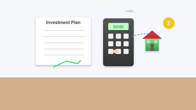 Financial investment plan showing real estate growth with digital calculator motion animation for property market analysis