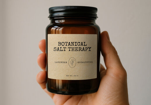 Hand Holding Botanical Salt Therapy Jar Mockup PSD