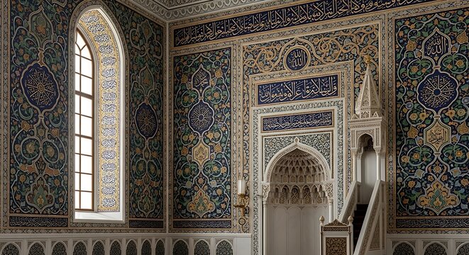Ornate Islamic Prayer Hall Decorated with Mosaic Tilework and Arched Window