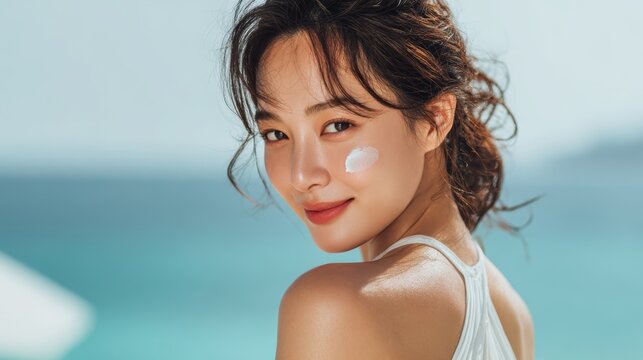 Young woman is using a white cream on her shoulder and her face,Facial care for female,moisturizing cream,healthy skin,Taking good care of her skin,Skin cream concept.