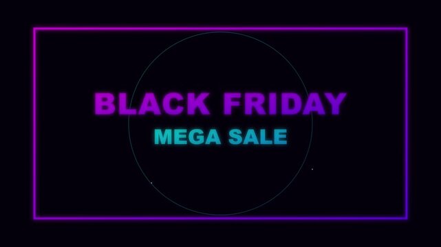 Black friday mega sale animation with neon purple glowing frame for promotional retail marketing video footage