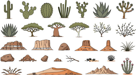 Desert Landscape Icon Set with Cactus Baobab Tree Mesa and Sand Dune © MdMojammel