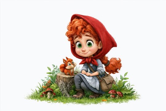 girl with curly red hair and a red hood sits on a tree stump. She smiles at a small squirrel beside her. setting features green plants and some mushrooms around