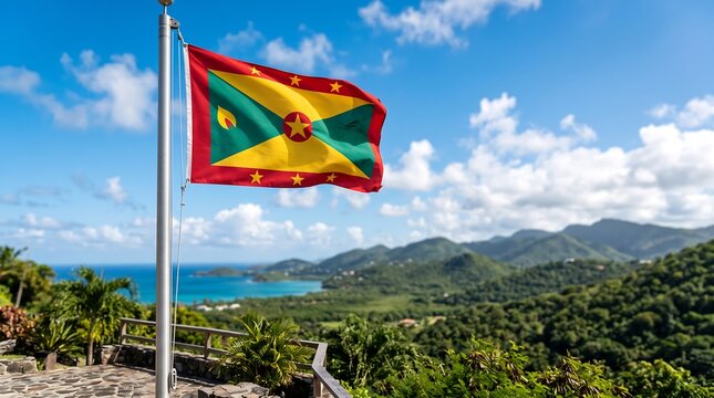 Grenadian national flag flying on flagpole above tropical mountain valley and coastal ocean background