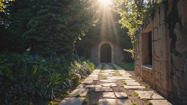 Sunlight filters through trees illuminating a stone pathway leading to an arched doorway, surrounded by lush greenery and weathered stone walls in a serene garden setting