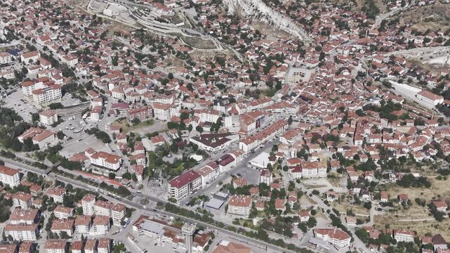 Drone Footage of Beypazari Town Center in Ankara Turkey Showing Ottoman Houses Historic Streets and Traditional Urban Landscape