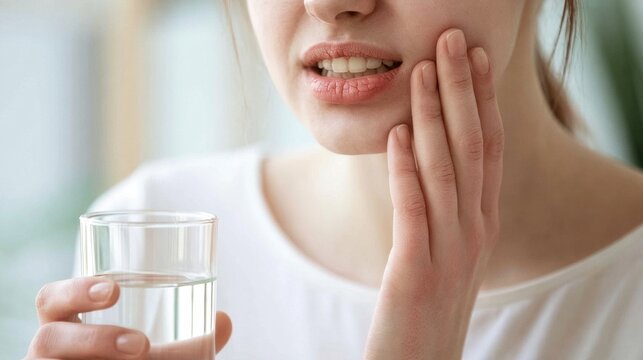 Close up of young woman with painful toothache touching cheek holding clear glass of water indoors suffering from dental pain and discomfort in mouth and jaw area
