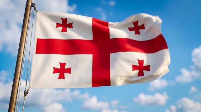 National flag of Georgia waving on pole against blue sky with clouds in bright daylight