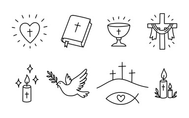 Fototapeta premium Religious Christianity doodles collection. Black line art icons set with cross, bible, chalice, angel wings, church, praying hands, candle, dove isolated on white background. Spiritual symbols.