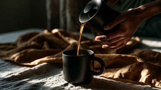 minimalist coffee being poured into matte black mug by feminine black hand, brewed coffee pouring into ceramic mug on linen tablecloth, luxury morning coffee ritual with natural sunlight 