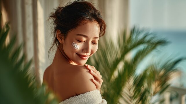 Young woman is using a white cream on her shoulder and her face,Facial care for female,moisturizing cream,healthy skin,Taking good care of her skin,Skin cream concept.