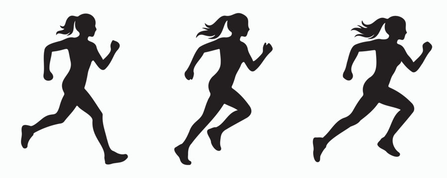 Collection of female runner silhouettes isolated on gray background. Black vector illustrations of women running in different stride positions, ideal for athletics, marathon, jogging, fitness, sports,