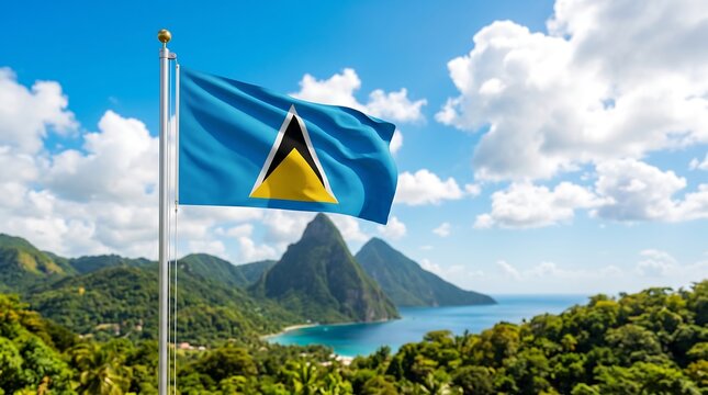 National flag of Saint Lucia waving against green Pitons mountains and blue ocean bay landscape