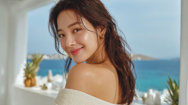 Young woman is using a white cream on her shoulder and her face,Facial care for female,moisturizing cream,healthy skin,Taking good care of her skin,Skin cream concept.