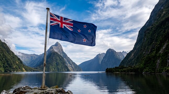 New Zealand flag waving on pole with scenic Milford Sound mountains and water fjord background