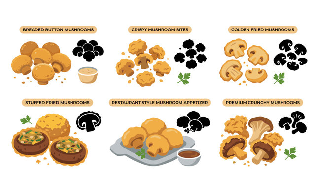 Set of vector collection featuring different fried mushroom variations, breaded button mushrooms, crispy mushroom bites, golden fried mushrooms, stuffed fried mushrooms