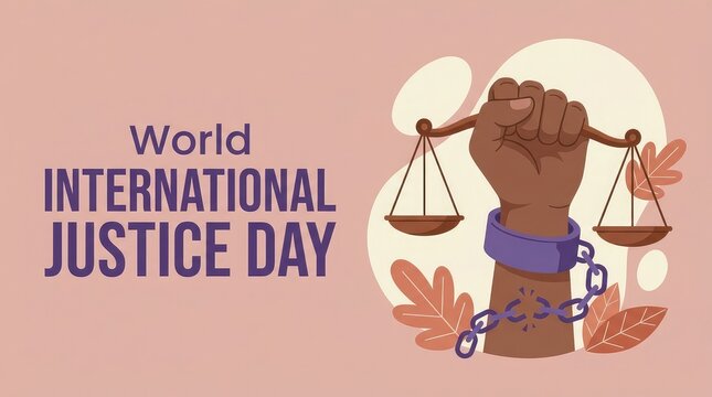 Raised fist with broken chains holding scales for World Day for International Justice conceptual campaign poster design