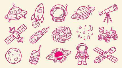 Collection of hand-drawn space-themed icons including rockets, astronauts, planets, and UFOs. © Clara