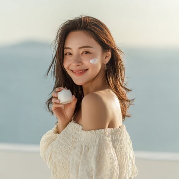 Young woman is using a white cream on her shoulder and her face,Facial care for female,moisturizing cream,healthy skin,Taking good care of her skin,Skin cream concept.