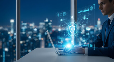 Obraz premium Businessman Analyzes Ai Data Visualization Overlooking City