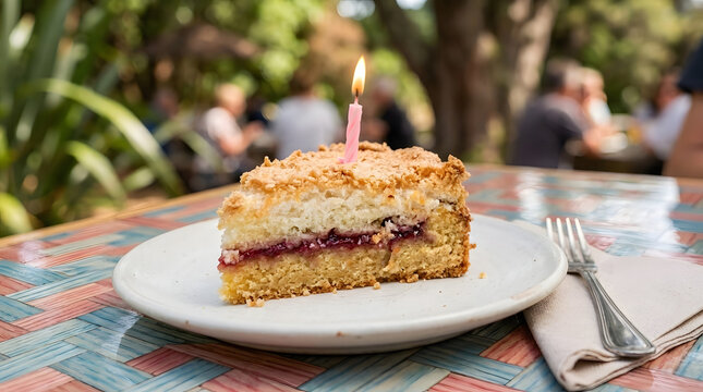 Slice of louise cake (raspberry shortbread cake with coconut and Swiss meringue) with lit candle on white plate next to a silver fork above a glossy table with webbing knot or pattern. Birthday ideas