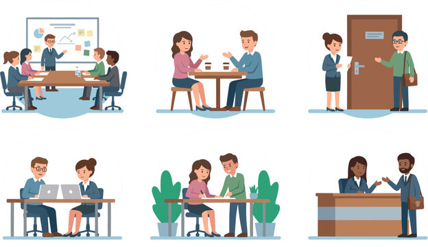 Corporate business office scenes collection with colleagues working together in meeting conference presentation and interviewing vector cartoon illustration