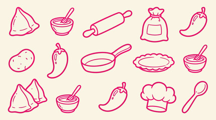 Collection of hand-drawn icons representing Indian food and cooking ingredients, including samosas, chili peppers, potatoes, and kitchen utensils. © Clara