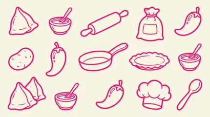 Collection of hand-drawn icons representing Indian food and cooking ingredients, including samosas, chili peppers, potatoes, and kitchen utensils. © Clara