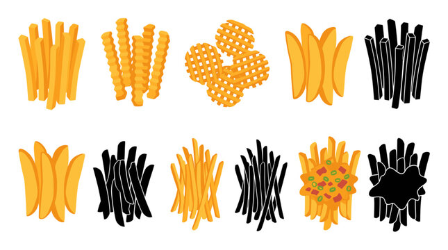 Professional vector collection featuring different crispy french fries variations, classic french fries, crinkle cut fries, waffle fries, steak fries, shoestring fries, loaded crispy fries
