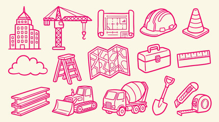 Collection of construction and building icons in pink outline style on a cream background. © Clara